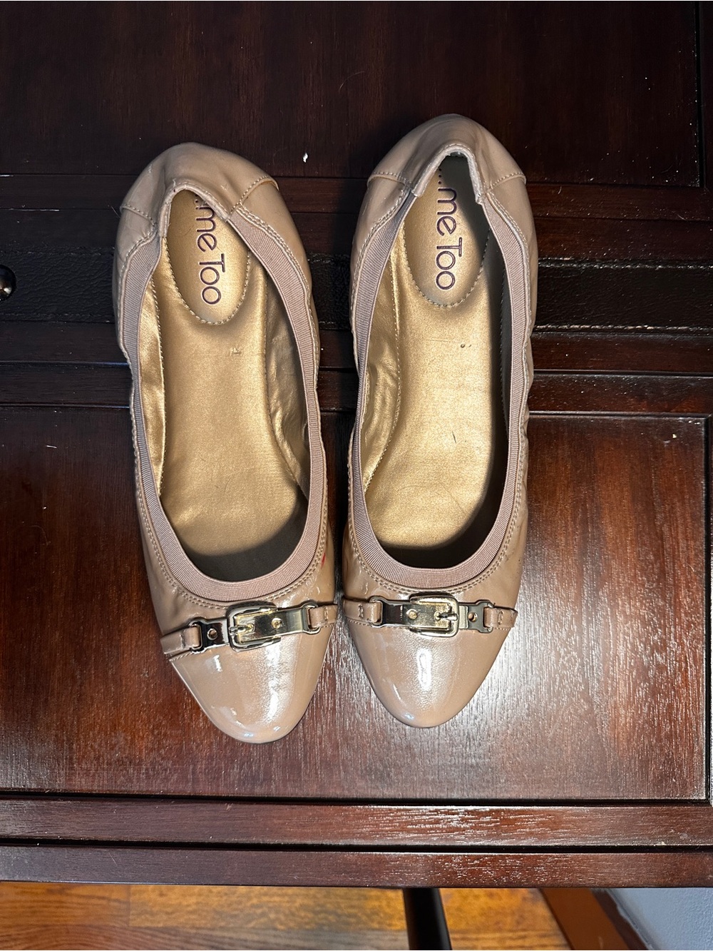 me too Beige Patent Ballet Flats with Gold Buckle Detail